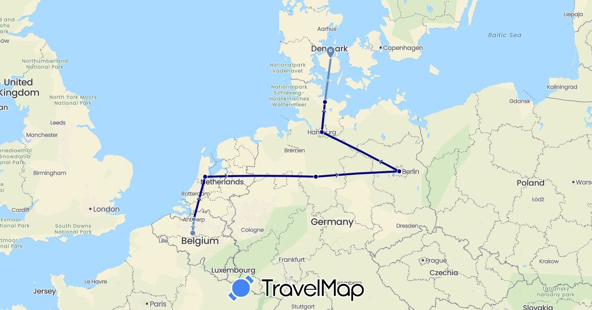 TravelMap itinerary: driving, cycling in Belgium, Germany, Denmark, Netherlands (Europe)